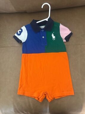 Ralph Lauren Colorblock Polo Romper in Orange, Blue & Green
